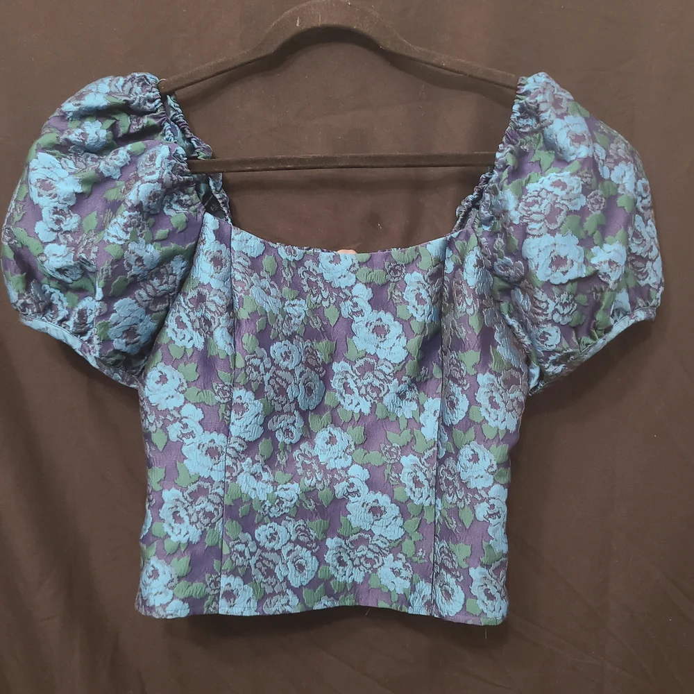 Anthropologies Blue And Green Floral Puff Sleeve Top Zipper Side Sz 4 Bridgerton